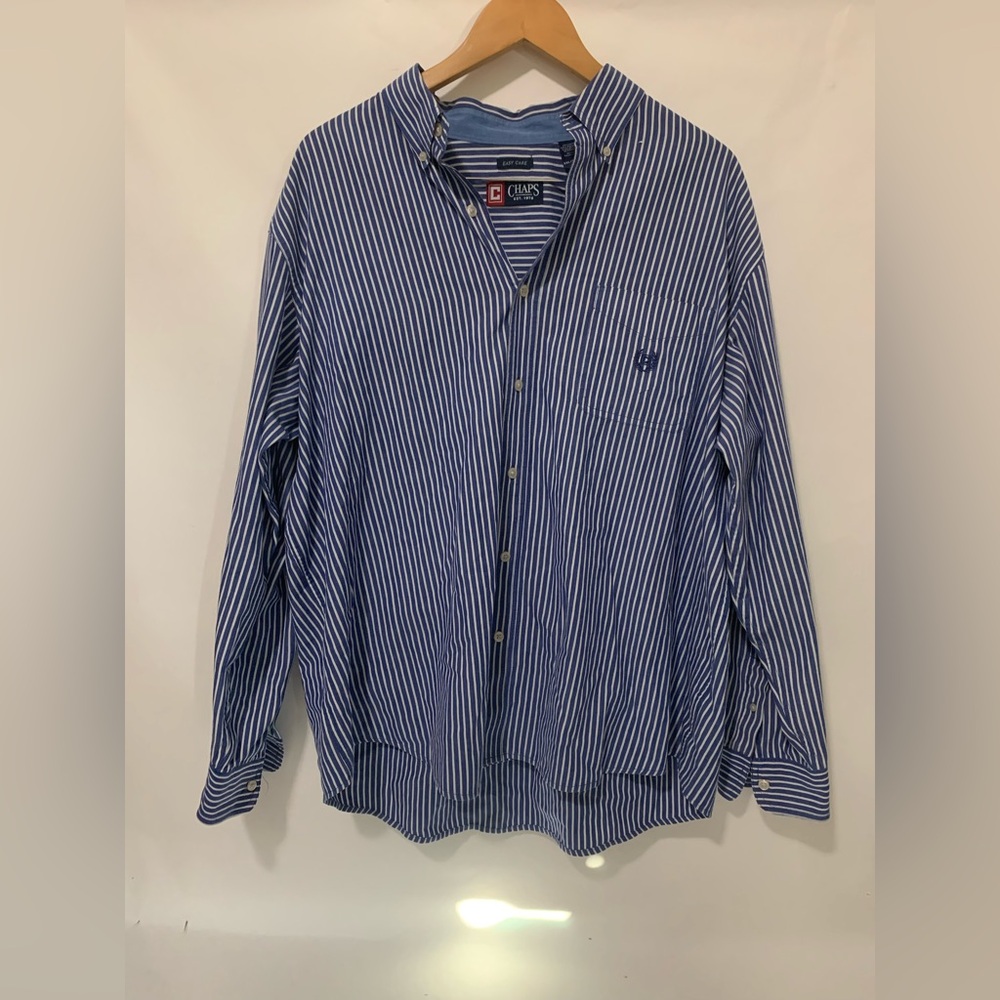 Mens Chaps Easy Care XXL Button Down Shirt Blue White Striped